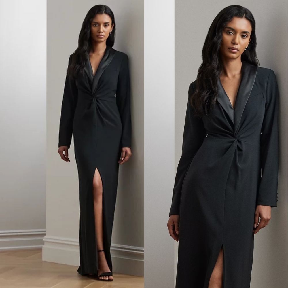 Ralph Lauren Crepe Long-Sleeve Gown Dress Women's 14/16 Tuxedo Black Tie Formal - Picture 1 of 8